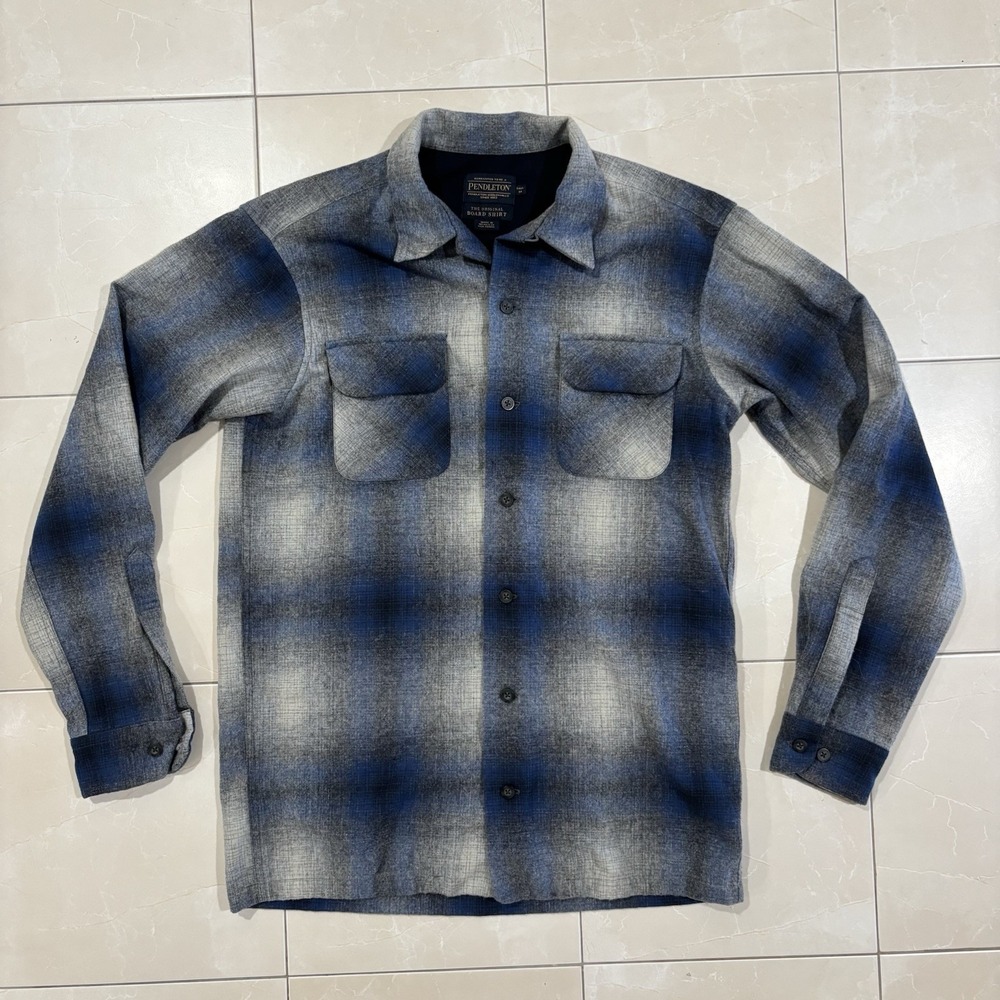 Pendleton Board Shirt Shadow Plaid Virgin Wool Men's M Loop Collar Camp Flannel